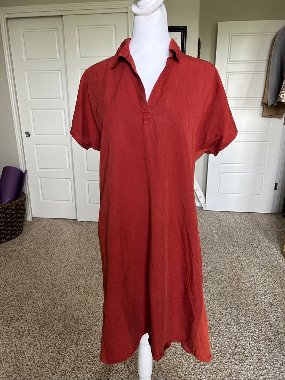 XCVI Rust Orange Midi Shirt Dress Tencel + Cotton Size S